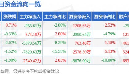股票行情快报：山金国际（000975）7月30日主力资金净卖出955.61万元