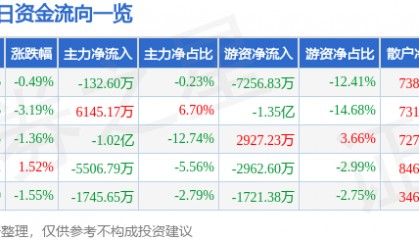 股票行情快报：山金国际（000975）9月19日主力资金净卖出132.60万元