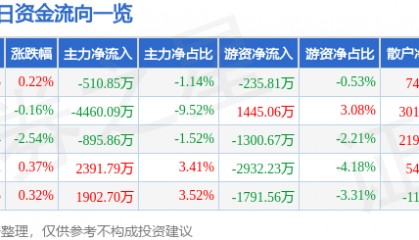 股票行情快报：山金国际（000975）8月13日主力资金净卖出510.85万元