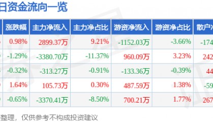 股票行情快报：浙江东方（600120）9月10日主力资金净买入2899.37万元