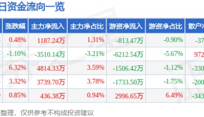 股票行情快报：山金国际（000975）9月3日主力资金净买入1187.24万元