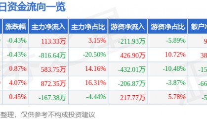 股票行情快报：栖霞建设（600533）1月17日主力资金净买入113.33万元