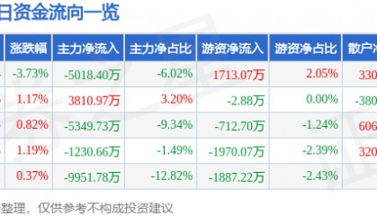 股票行情快报：三丰智能（300276）9月3日主力资金净卖出5018.40万元