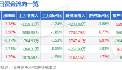 股票行情快报：山金国际（000975）9月30日主力资金净卖出1359.11万元