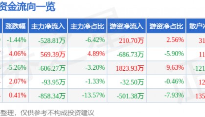 股票行情快报：动力源（600405）5月13日主力资金净卖出528.81万元