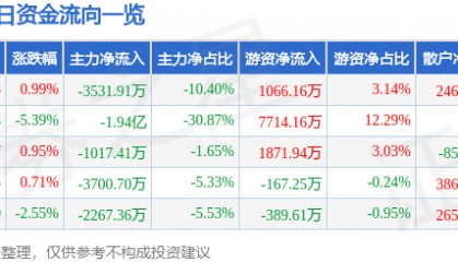 股票行情快报：新乡化纤（000949）12月5日主力资金净卖出3531.91万元