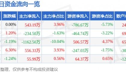 股票行情快报：华丽家族（600503）1月17日主力资金净买入543.19万元