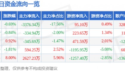 股票行情快报：云意电气（300304）5月13日主力资金净卖出3376.34万元