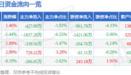 股票行情快报：国网英大（600517）7月24日主力资金净卖出427.09万元