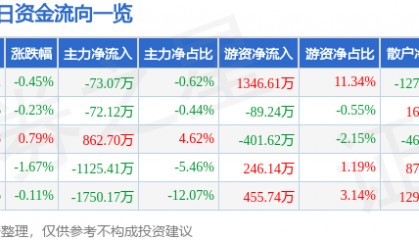 股票行情快报：申能股份（600642）1月16日主力资金净卖出73.07万元