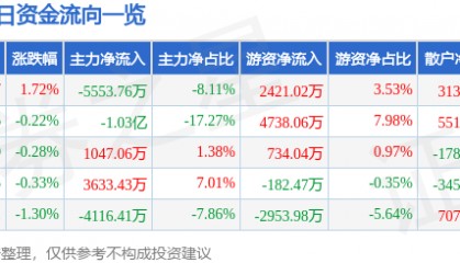 股票行情快报：山金国际（000975）8月20日主力资金净卖出5553.76万元
