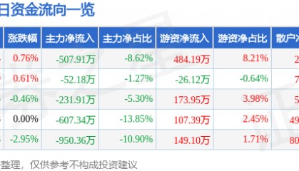 股票行情快报：双环科技（000707）8月6日主力资金净卖出507.91万元