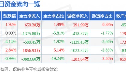 股票行情快报：新乡化纤（000949）12月27日主力资金净买入659.28万元