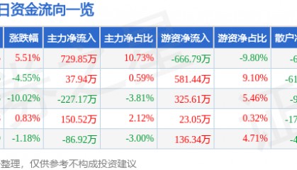 股票行情快报：瑞泰科技（002066）4月9日主力资金净买入729.85万元