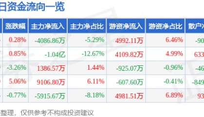 股票行情快报：山金国际（000975）9月12日主力资金净卖出4086.86万元
