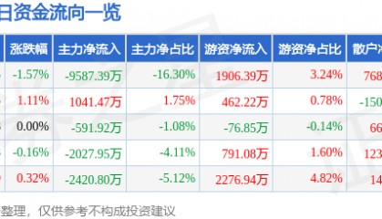 股票行情快报：浙江东方（600120）7月22日主力资金净卖出9587.39万元