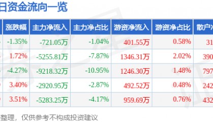 股票行情快报：鹏欣资源（600490）8月29日主力资金净卖出721.05万元
