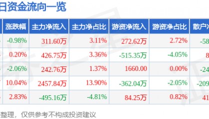 股票行情快报：深深房Ａ（000029）2月13日主力资金净买入311.60万元