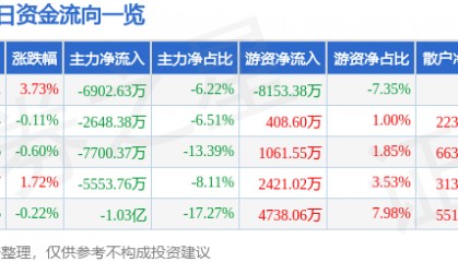 股票行情快报：山金国际（000975）8月25日主力资金净卖出6902.63万元