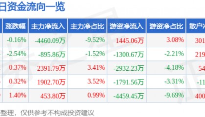 股票行情快报：山金国际（000975）8月12日主力资金净卖出4460.09万元