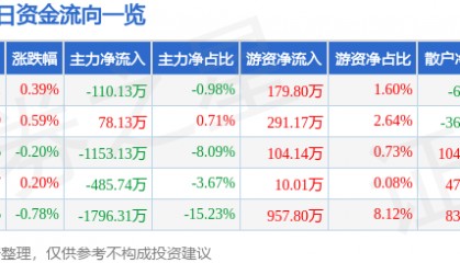 股票行情快报：吉电股份（000875）3月11日主力资金净卖出110.13万元