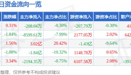 股票行情快报：长安汽车（000625）6月11日主力资金净卖出208.04万元
