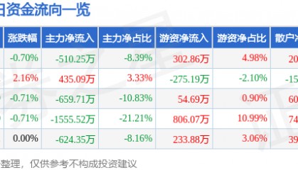 股票行情快报：*ST金科（000656）8月12日主力资金净卖出510.25万元