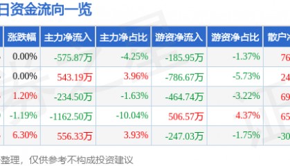 股票行情快报：华丽家族（600503）1月20日主力资金净卖出575.87万元