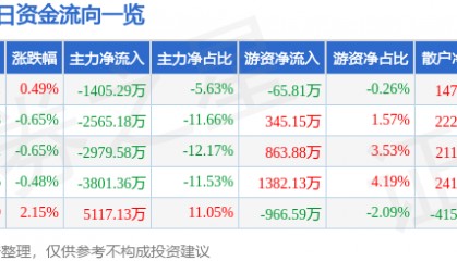 股票行情快报：浙江东方（600120）8月11日主力资金净卖出1405.29万元