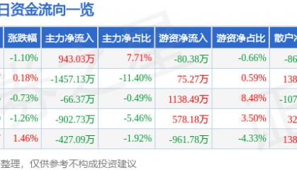 股票行情快报：国网英大（600517）7月30日主力资金净买入943.03万元