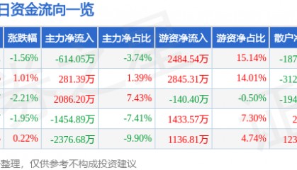 股票行情快报：申能股份（600642）3月20日主力资金净卖出614.05万元