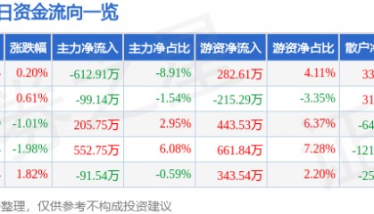 股票行情快报：国网英大（600517）5月20日主力资金净卖出612.91万元