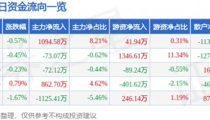 股票行情快报：申能股份（600642）1月17日主力资金净买入1094.58万元
