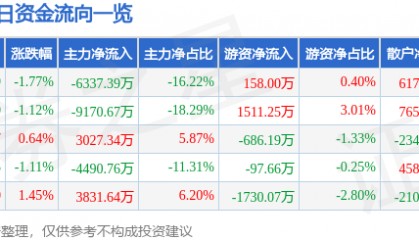 股票行情快报：浙江东方（600120）7月30日主力资金净卖出6337.39万元