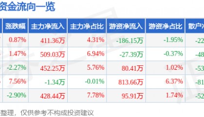 股票行情快报：日月明（300906）12月27日主力资金净买入411.36万元