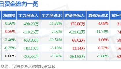 股票行情快报：国创高新（002377）3月4日主力资金净卖出490.23万元