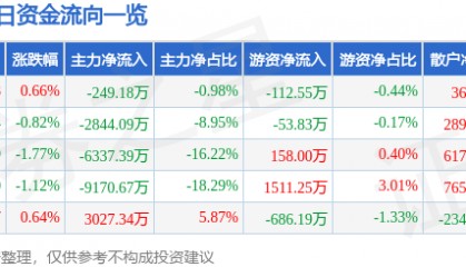 股票行情快报：浙江东方（600120）8月1日主力资金净卖出249.18万元