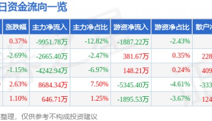 股票行情快报：三丰智能（300276）8月28日主力资金净卖出9951.78万元