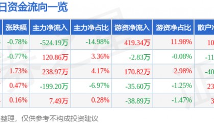 股票行情快报：双环科技（000707）7月4日主力资金净卖出524.19万元