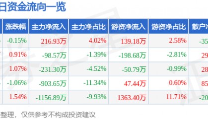 股票行情快报：双环科技（000707）8月22日主力资金净买入216.93万元