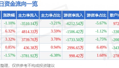 股票行情快报：山金国际（000975）9月2日主力资金净卖出3510.14万元