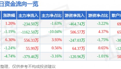 股票行情快报：华丽家族（600503）1月16日主力资金净卖出234.50万元