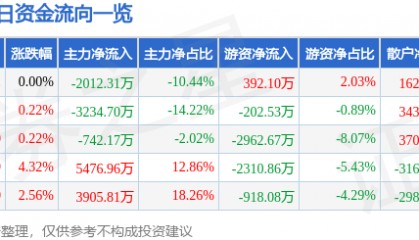 股票行情快报：鹏欣资源（600490）8月7日主力资金净卖出2012.31万元