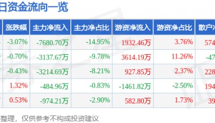 股票行情快报：三丰智能（300276）6月13日主力资金净卖出7680.70万元