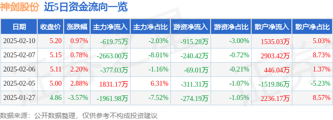 股票行情快报：神剑股份（002361）2月10日主力资金净卖出619.75万元