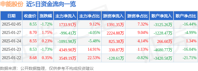 股票行情快报：申能股份（600642）2月5日主力资金净买入1733.91万元