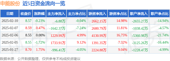 股票行情快报：申能股份（600642）2月10日主力资金净卖出6.88万元