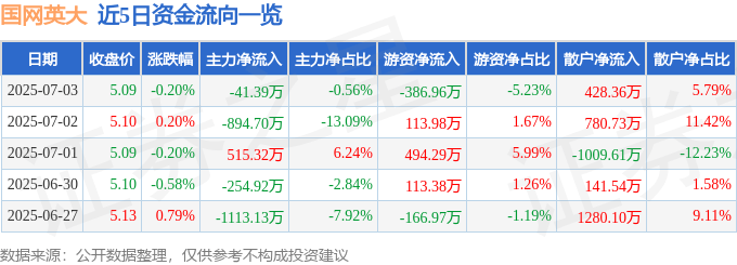 股票行情快报：国网英大（600517）7月3日主力资金净卖出41.39万元