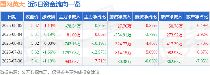股票行情快报：国网英大（600517）8月5日主力资金净卖出78.54万元