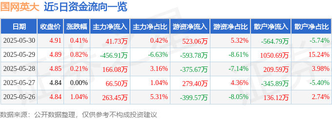 股票行情快报：国网英大（600517）5月30日主力资金净买入41.73万元